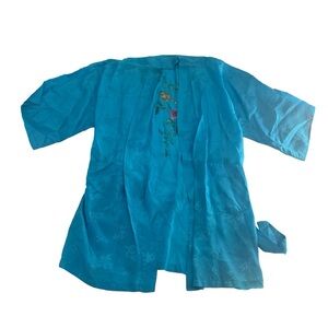Vintage Golden Bee Kimono Women Large Blue Rayon Floral Embroidered Souvenir 50s